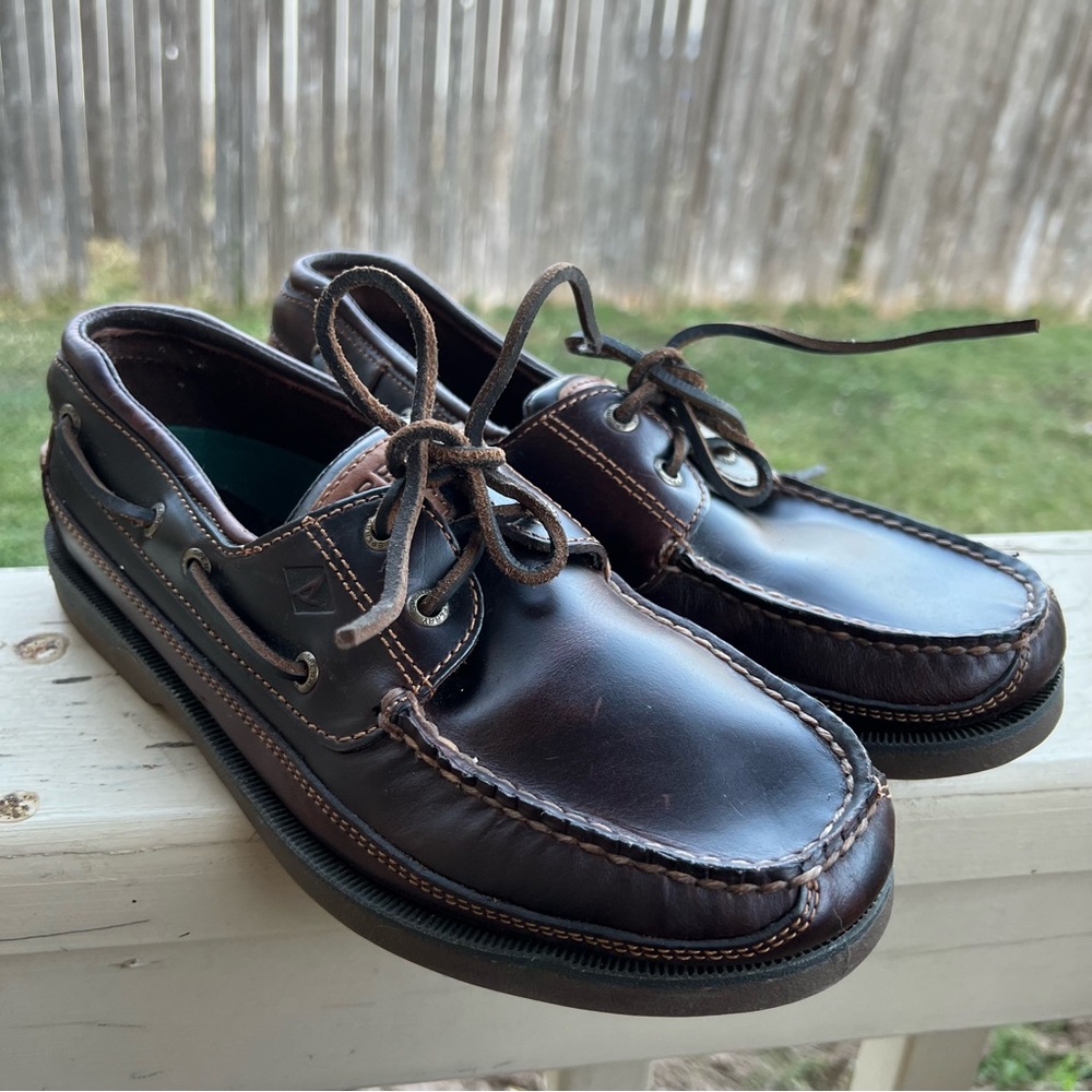 SPERRY Sz 9 Mako Amaretto Brown Leather Men’s Boat Shoes